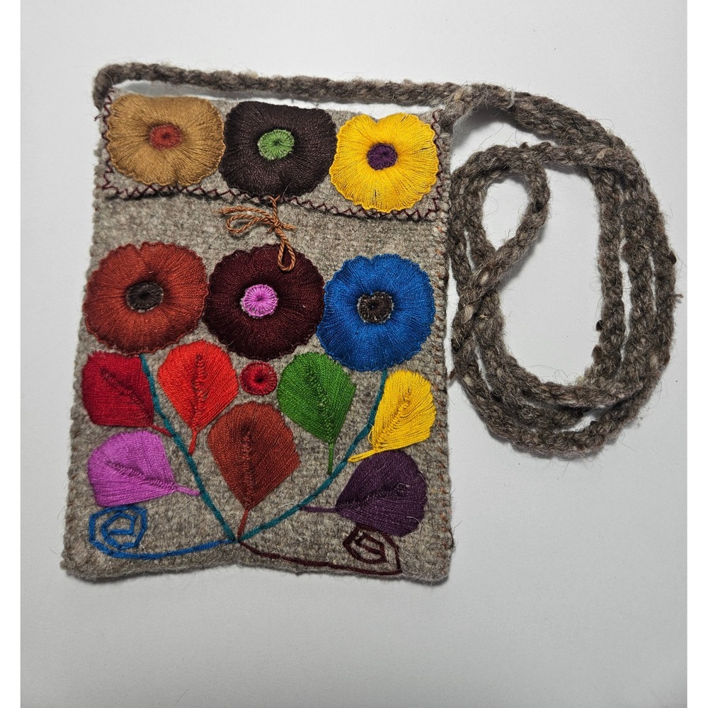 Artisan Handcrafted Wool Floral Embroidered Crossbody Bag Felted Boho‎ Pouch